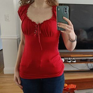 Red top with ruffle sleeves